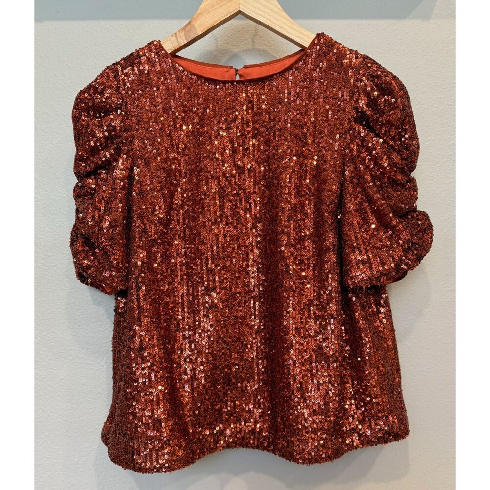 Anthropologie Marie Sequin Puff Sleeve Burnt Orange Blouse Size 2 Coquette